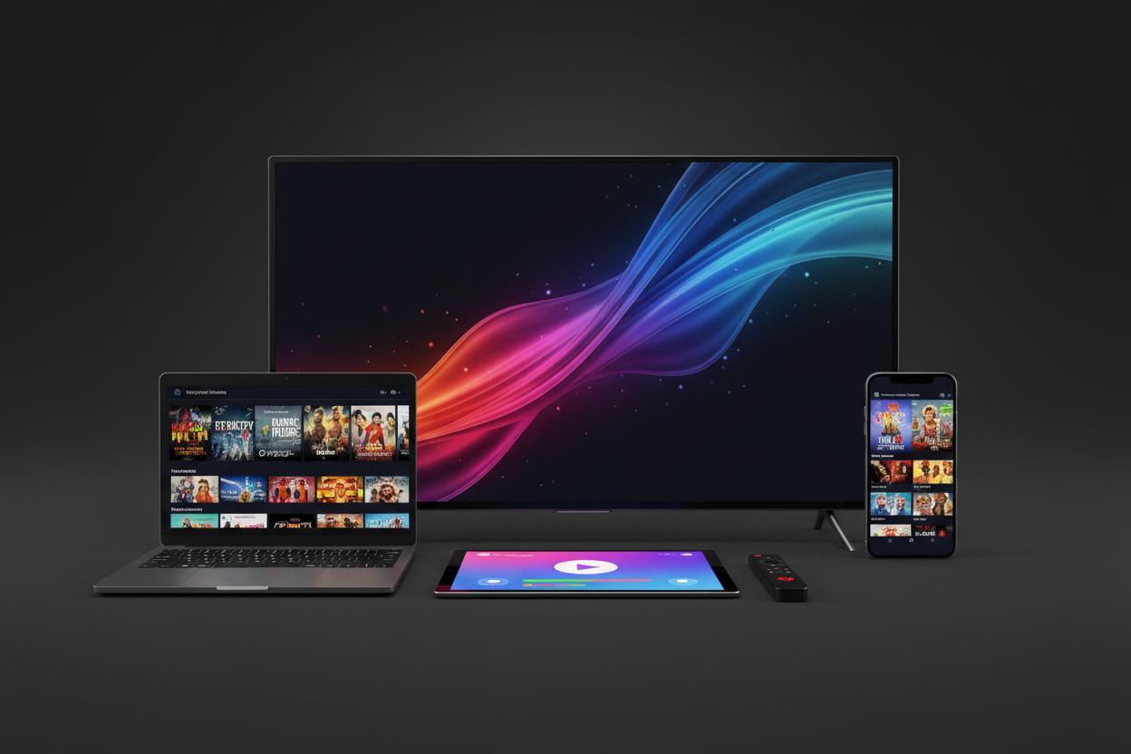 TELEVIZO IPTV streaming on multiple devices including Smart TV, laptop, smartphone, and tablet